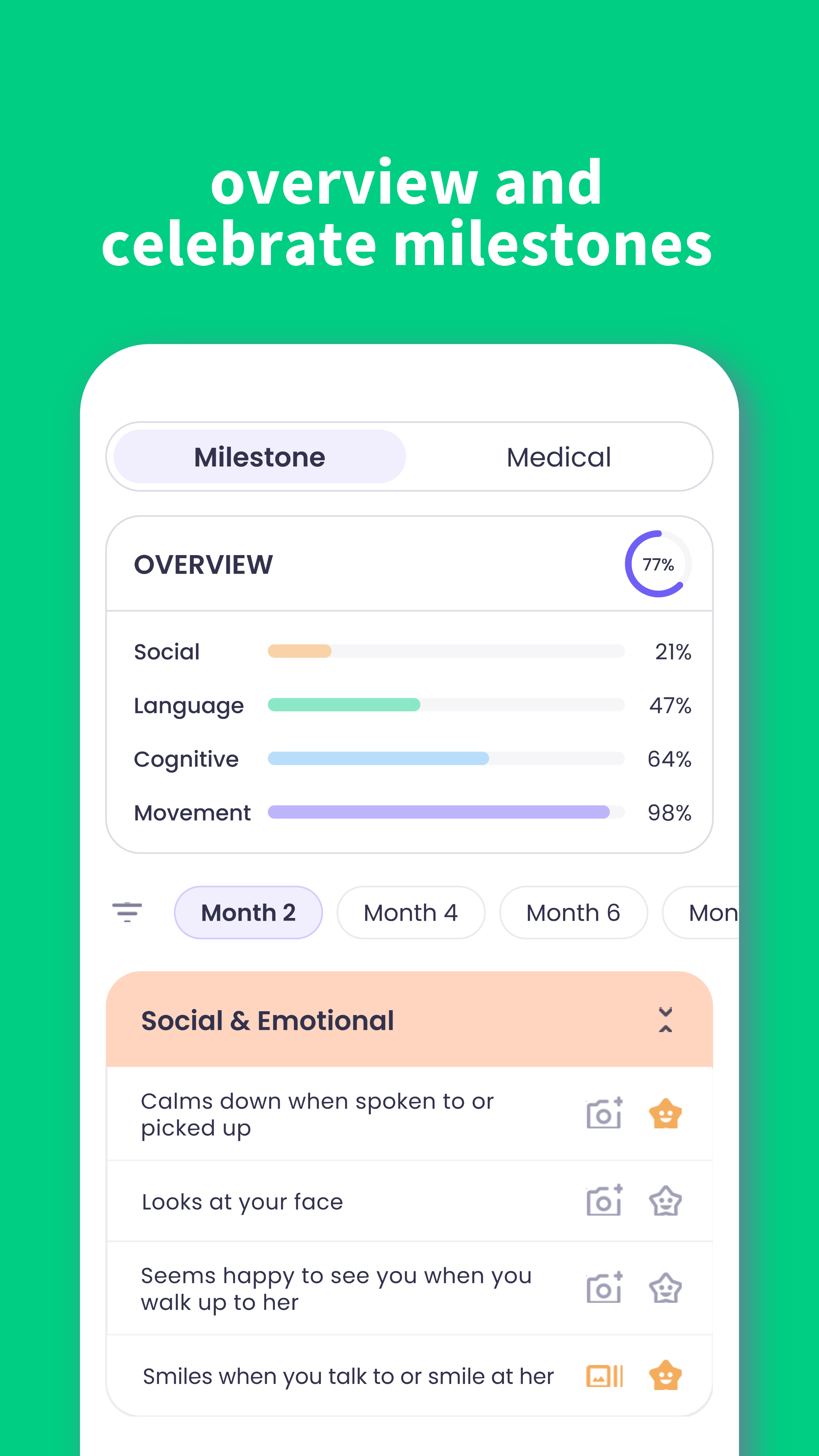 Baby milestone tracker in Luvu Family showing developmental categories and progress