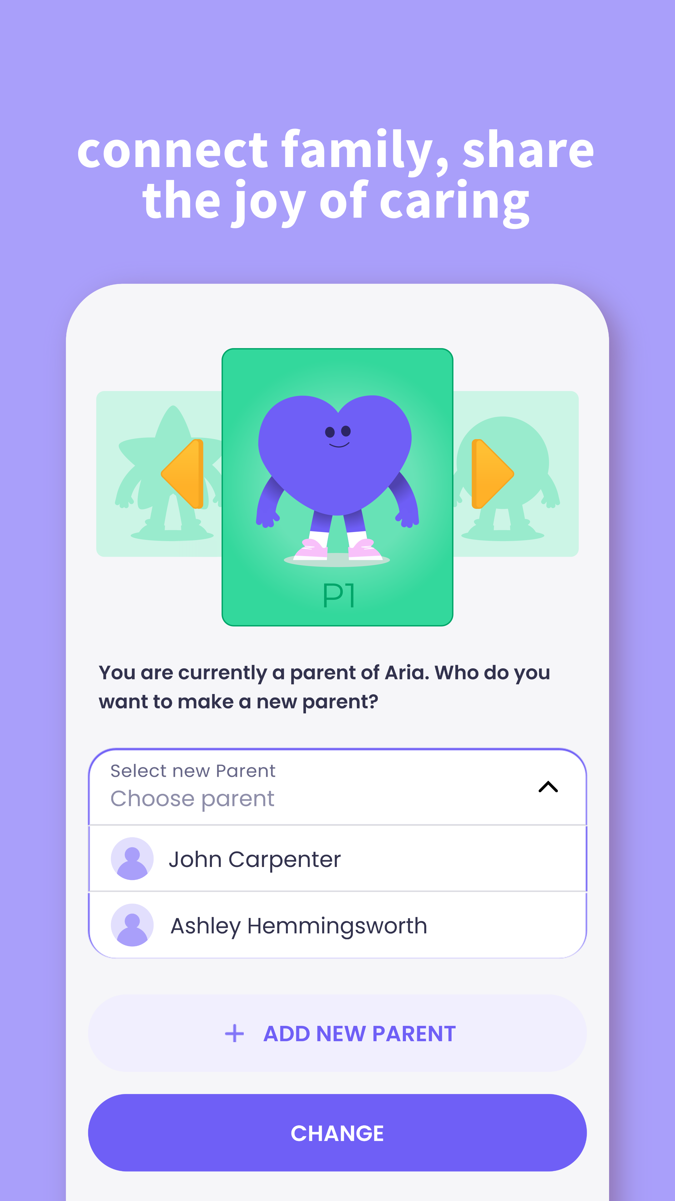 Luvu Family profile sharing screen with parent roles and family members