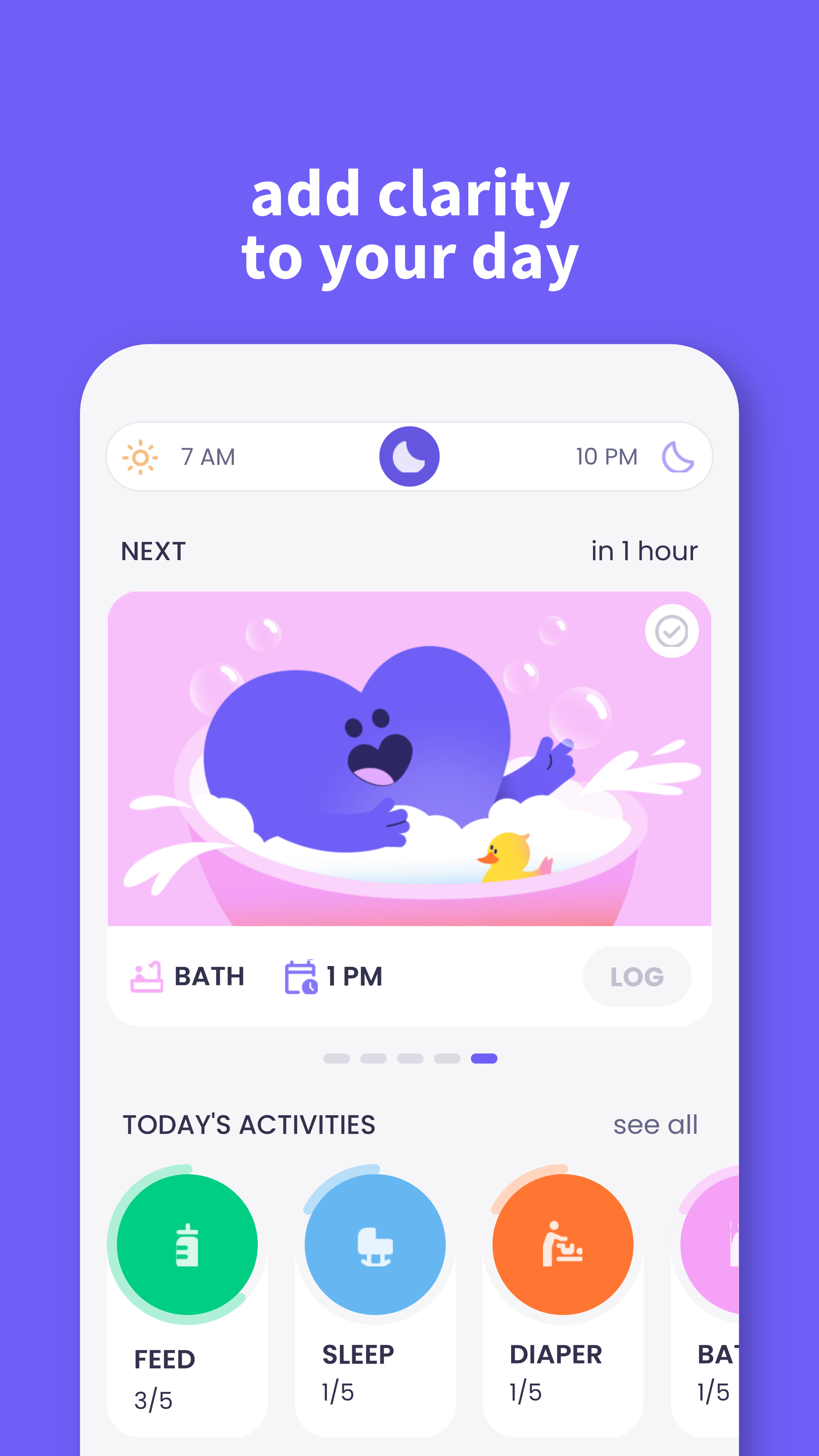 Luvu Family daily schedule with upcoming baby care activities and feeding, sleep, and diaper logs
