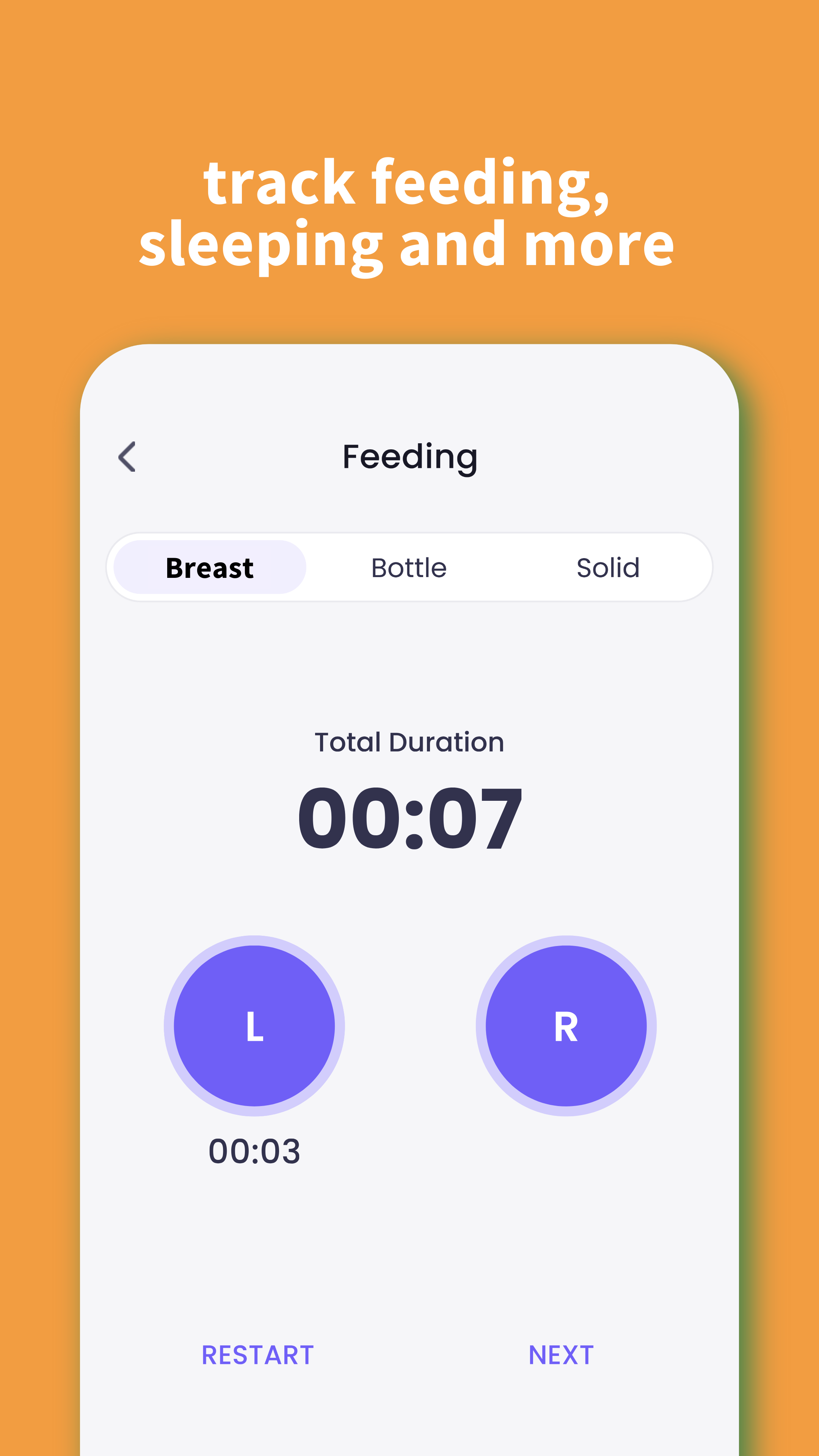 Breastfeeding timer in Luvu Family with left and right feeding controls